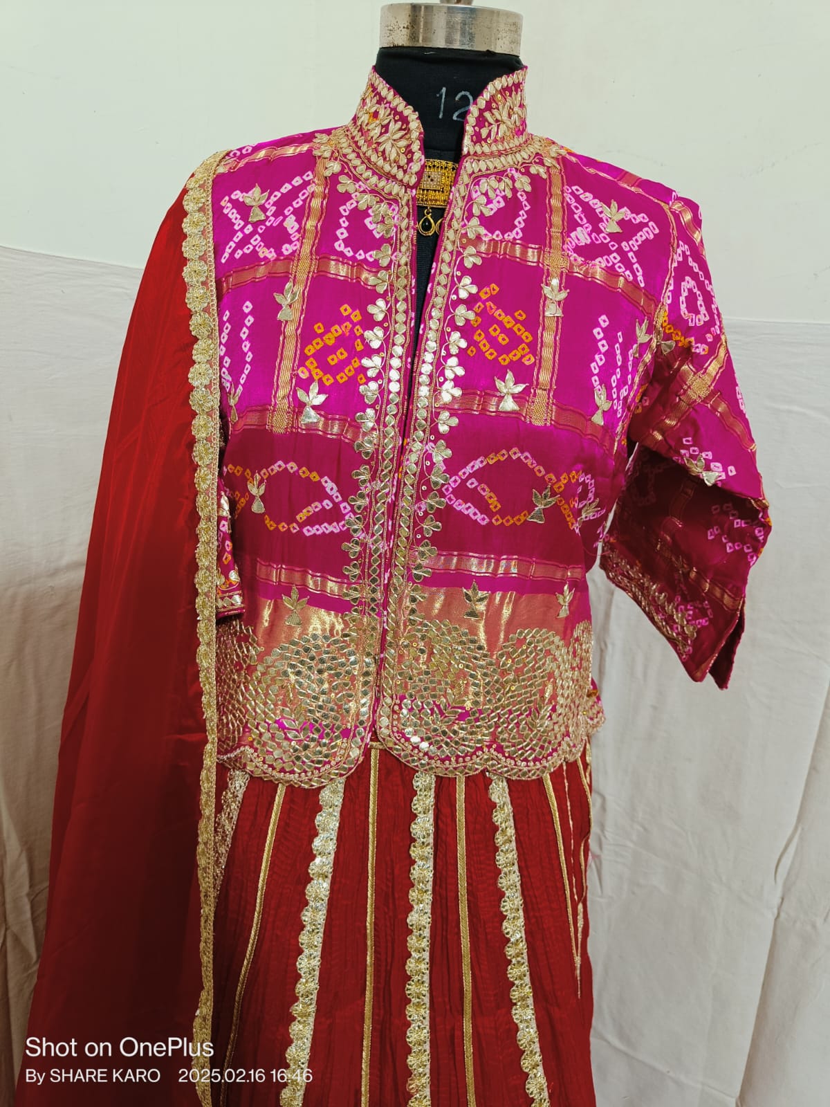 Red &amp; Pink Pure Upada Crush Gajji Silk Gharchola Rajsthani Lehenga Choli 