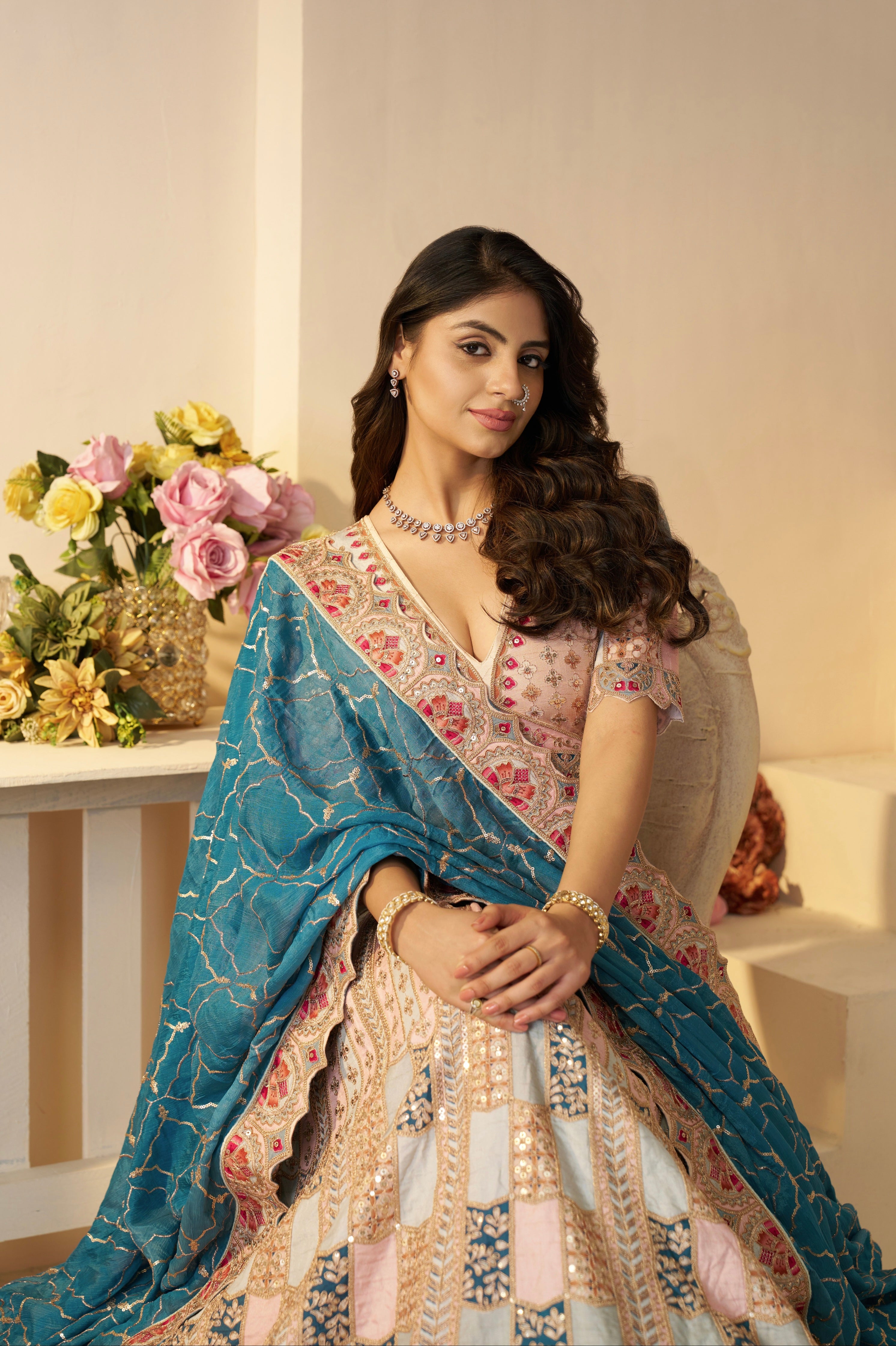 Pastel Bridal Lehenga with Sky Blue Dupatta