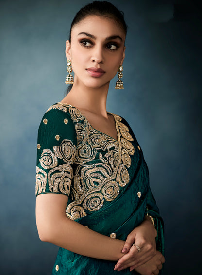 Festive wear bottle green tissue saree for weddings

