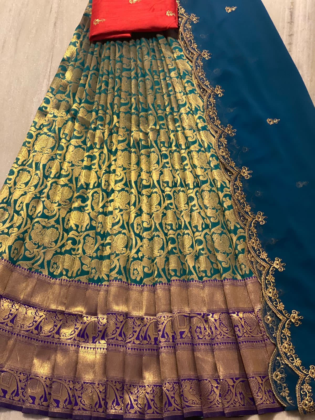 Beautiful Kanjiveram Silk Pure Zari HALF Saree with Blouse Along With Dupptta