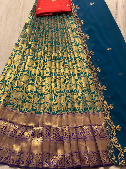 Beautiful Kanjiveram Silk Pure Zari HALF Saree with Blouse Along With Dupptta - Anant Exports
