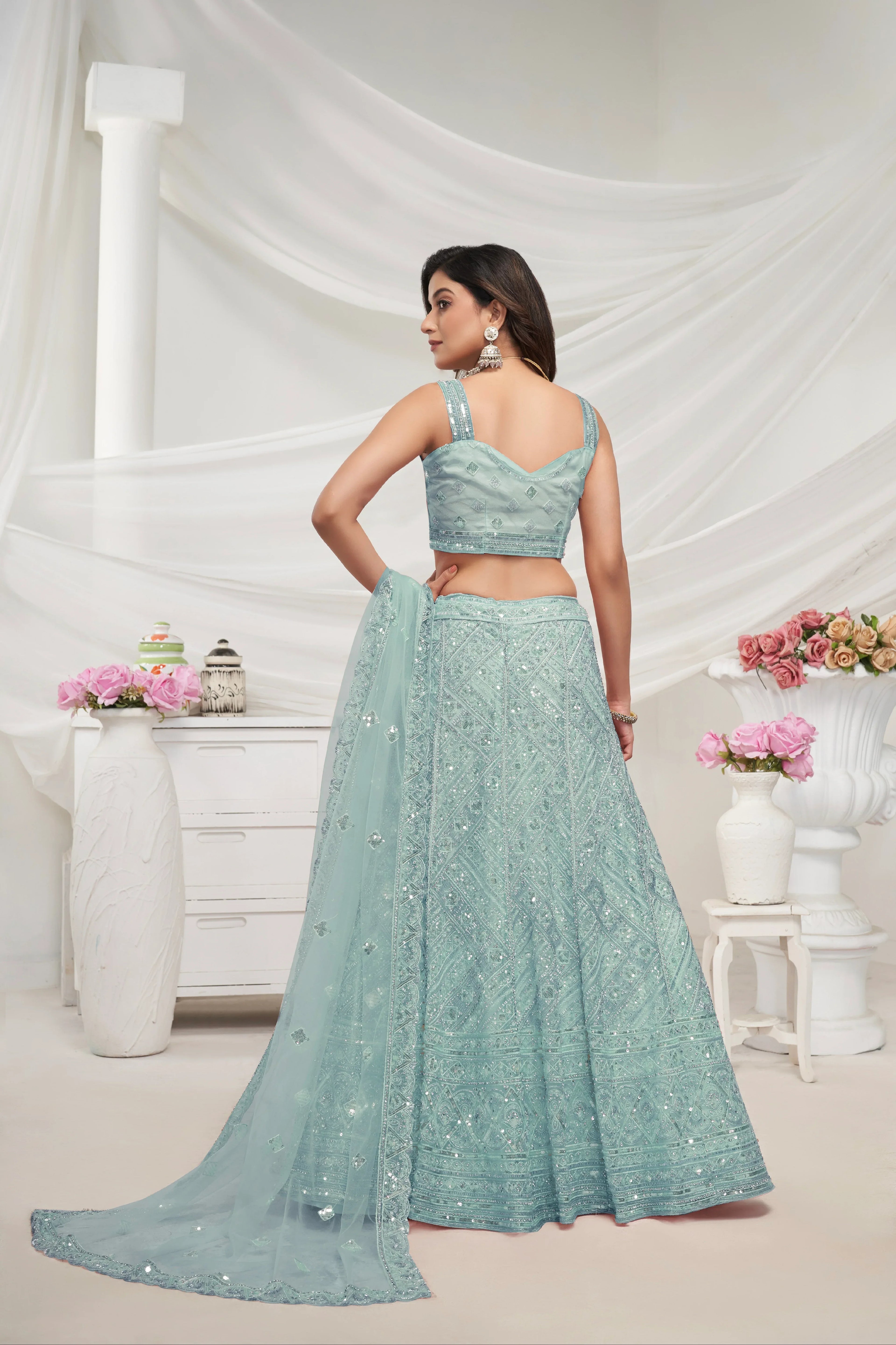 Sky Blue Net Lehenga with Sequin &amp; Cut Dana - Bridal Ensemble