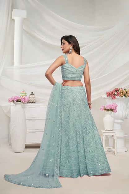 Sky Blue Net Lehenga with Sequin &amp; Cut Dana - Bridal Ensemble