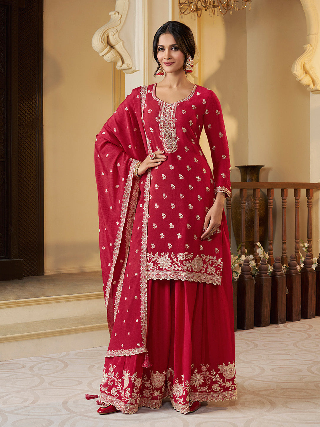 Red Chinon sharara suit with white thread embroidery

