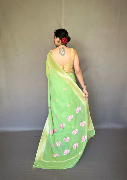 Party Wear Designer Lotus Pure Cotton Linen Saree