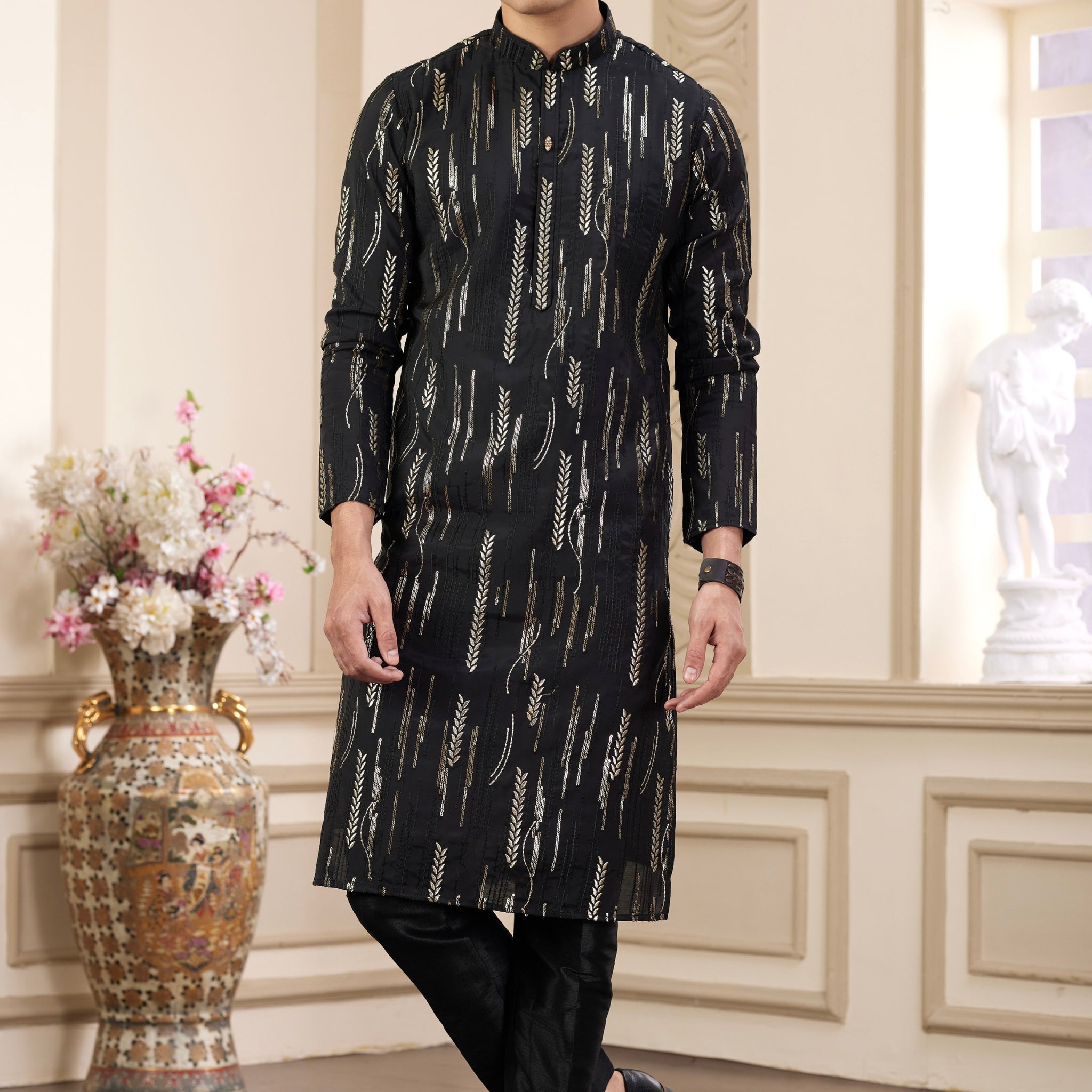 Black embroidered kurta set for men