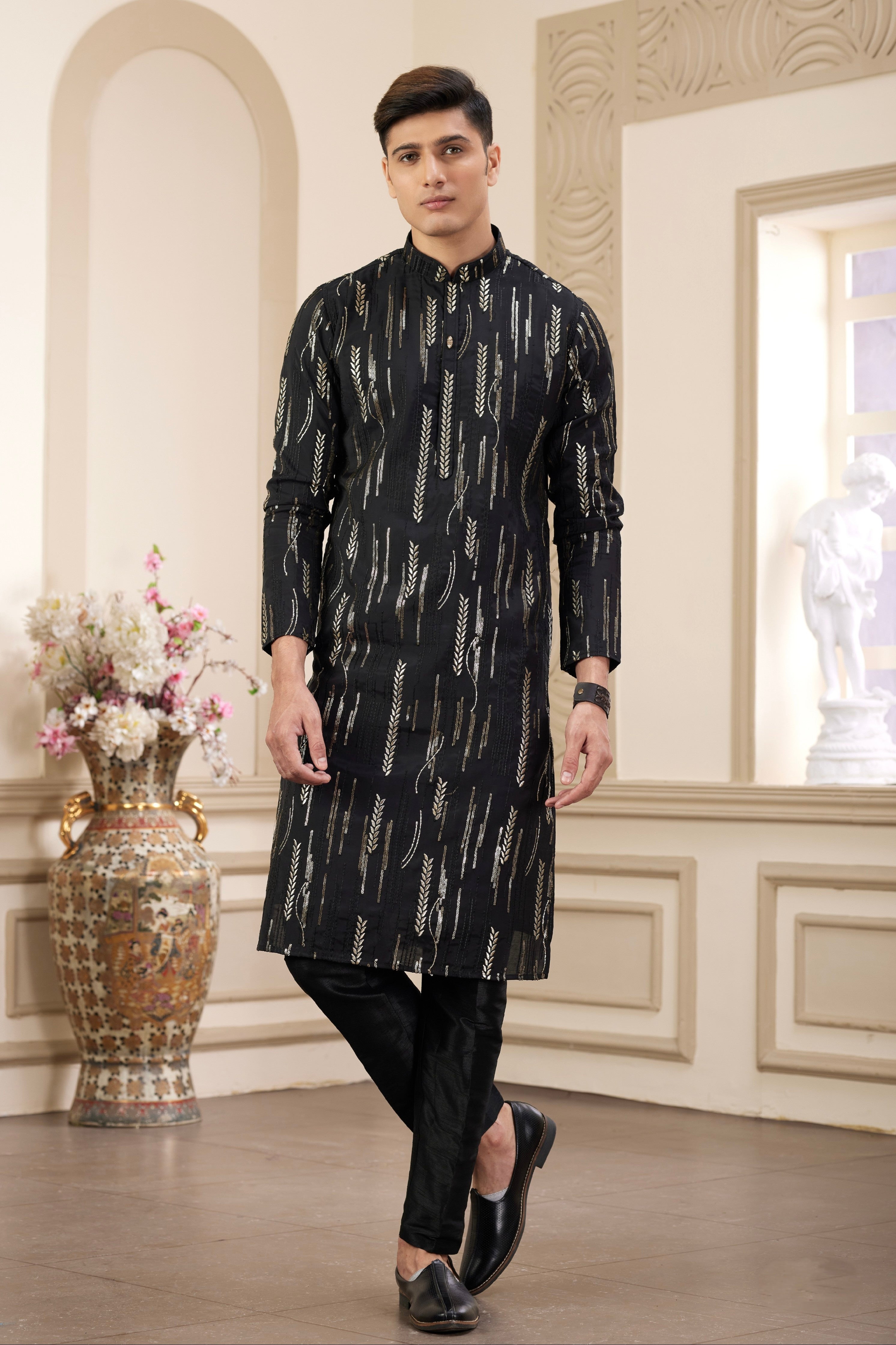 Black embroidered kurta set for men