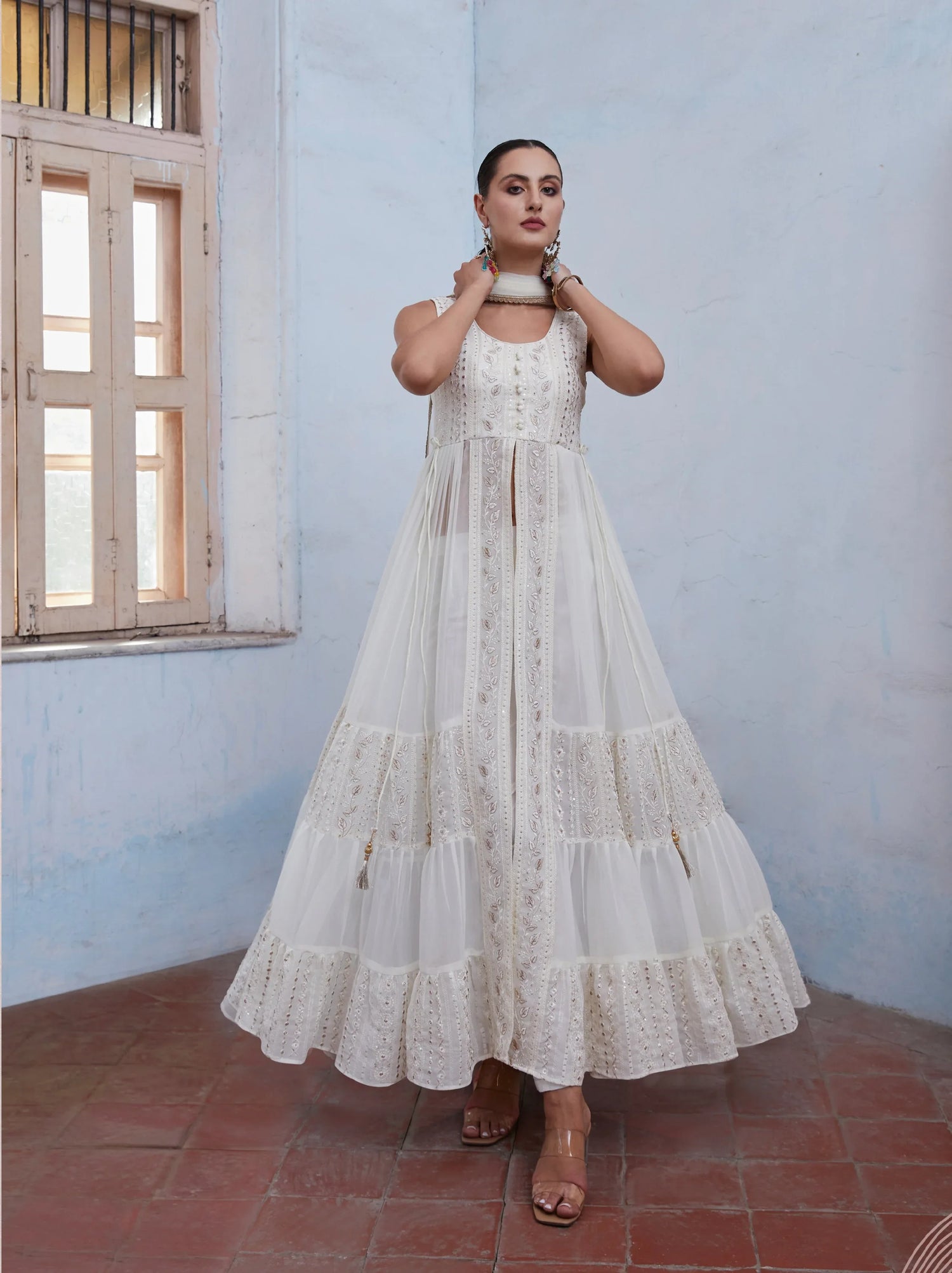 Off White Anarkali In Georgette With Sequins &amp; Thread Embroidery