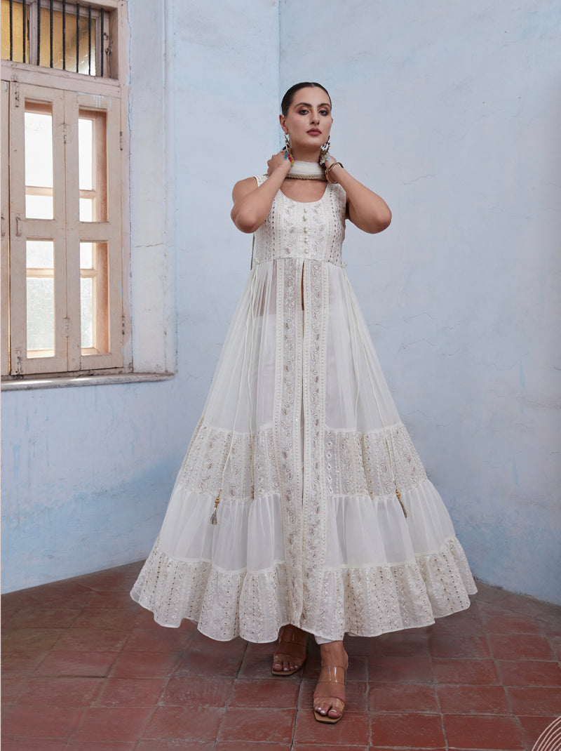 Off White Anarkali In Georgette With Sequins & Thread Embroidery
