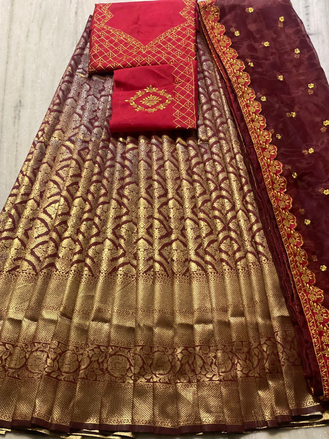 Beautiful Kanjiveram Silk Pure Zari HALF Saree with Blouse Along With Dupptta