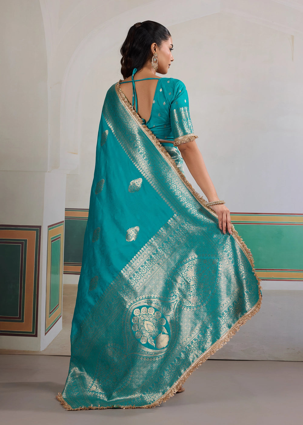 Cyan Bue Woven Banarasi Satin Silk Saree Japan Satin Saree Anant Tex Exports Pvt.Ltd..