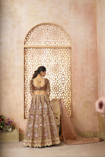 Brown Banarasi Silk Lehenga with Aari Embroidery &amp; Dupatta