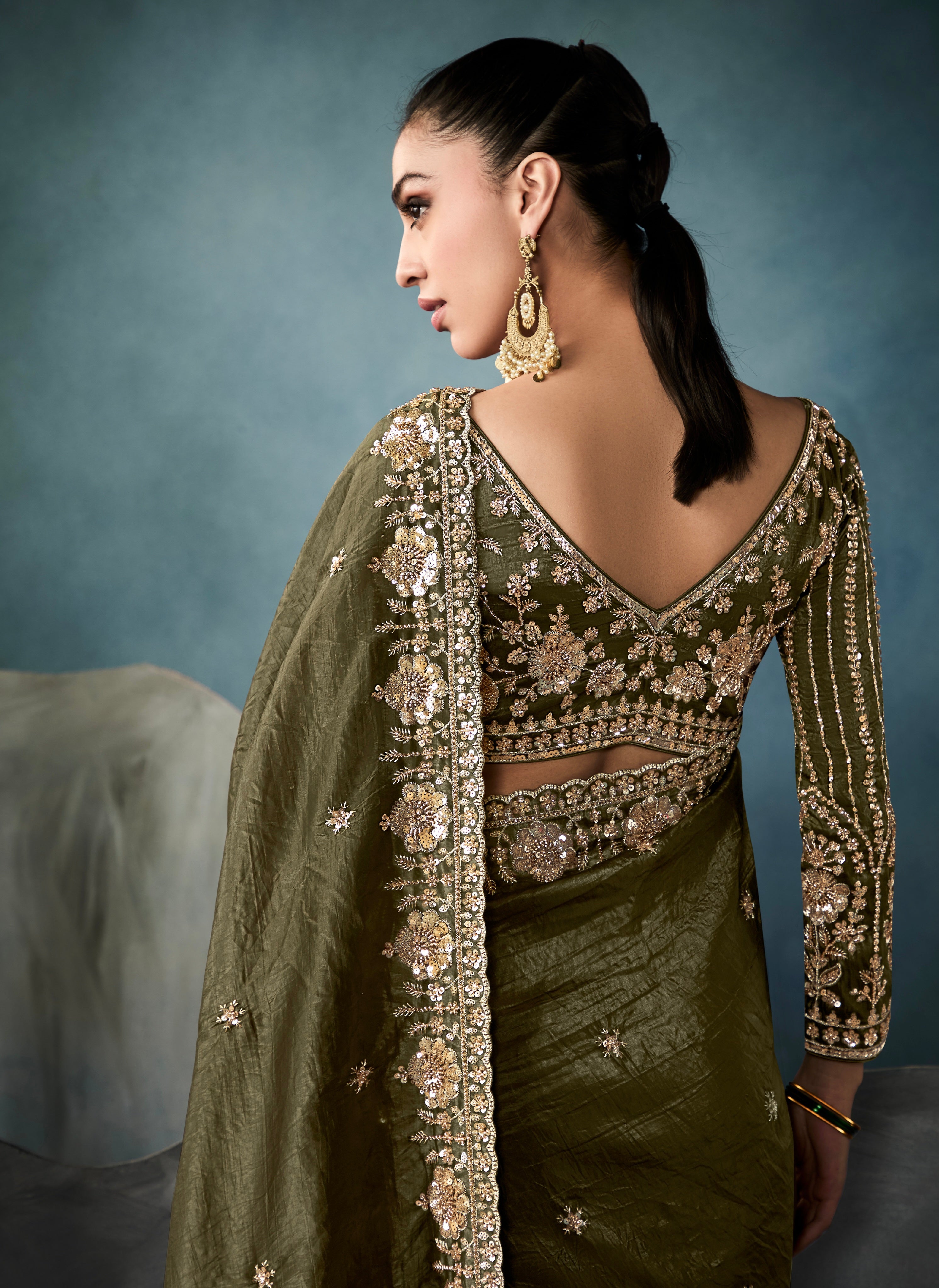 Olive Green Partywear Tissue Saree with Heavy Work