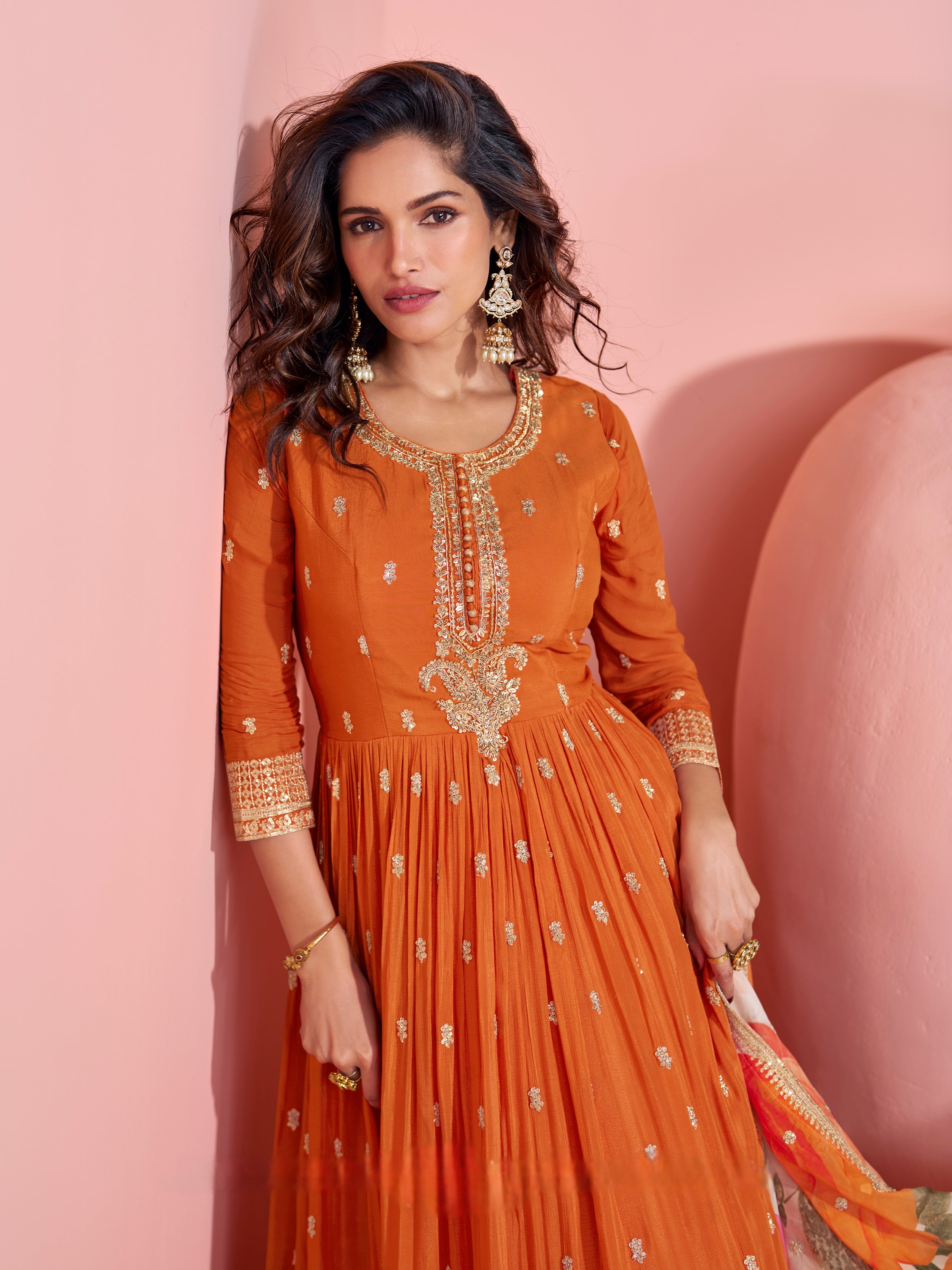 Burnt Orange Heavy Embroidered Anarkali Gown