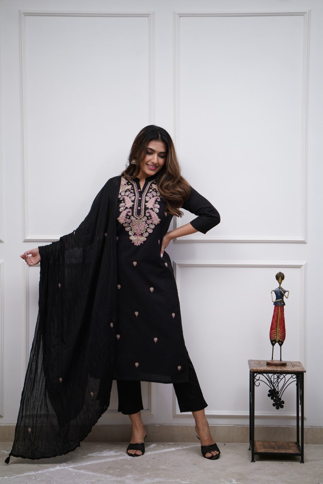 Black Viscose Chanderi Kurti Set with Embroidery &amp; Dupatta