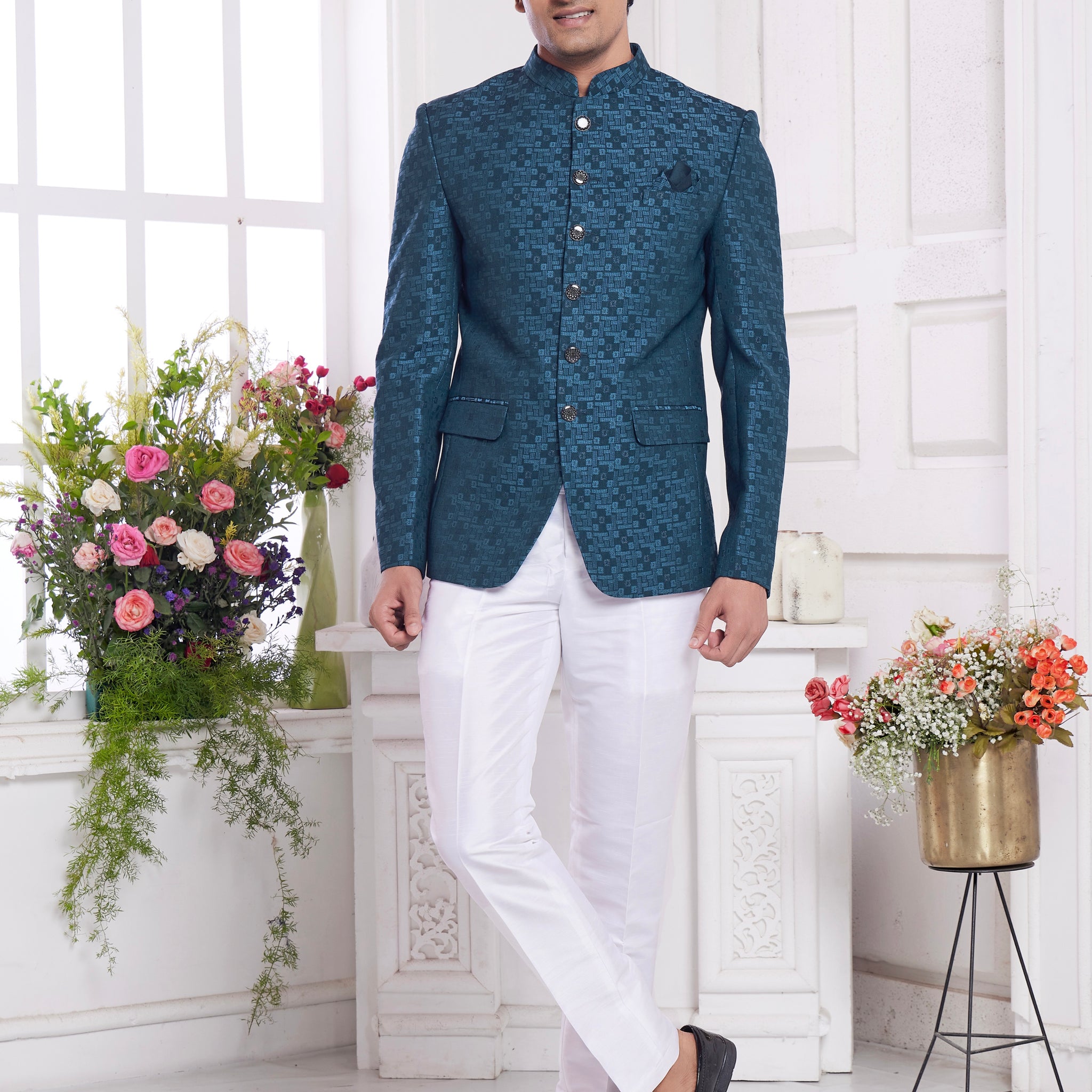 Teal green jacquard jodhpuri for men

