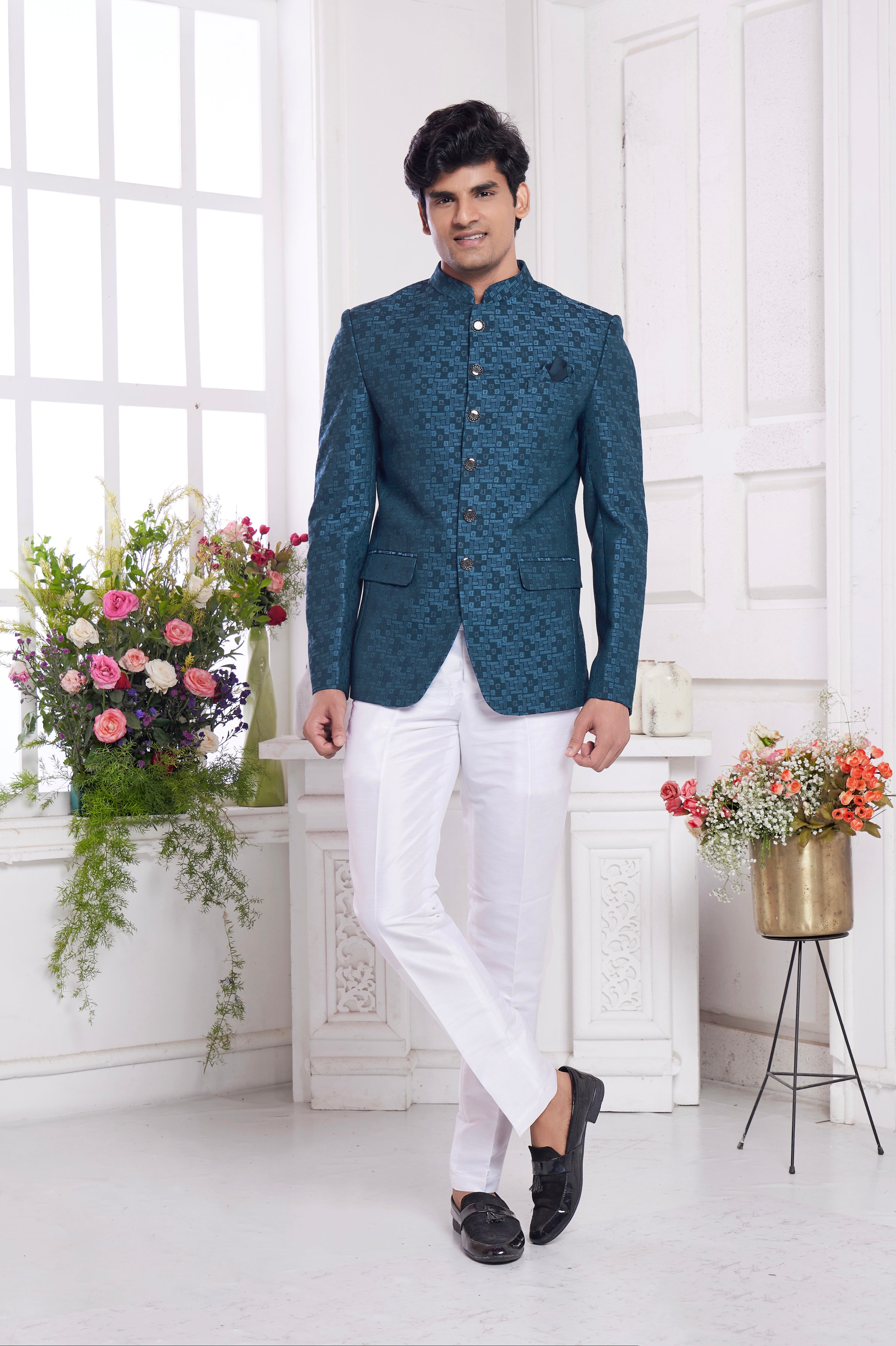 Teal green jacquard jodhpuri for men

