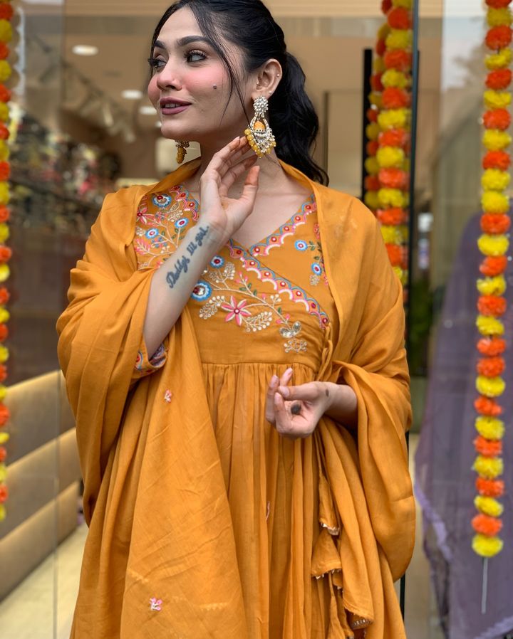 Mustard Viscose Anarkali Kurti Set with Embroidered Dupatta