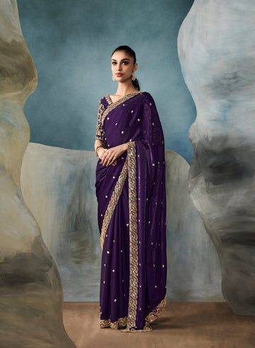 Royal purple tissue saree with designer hand embroidery

