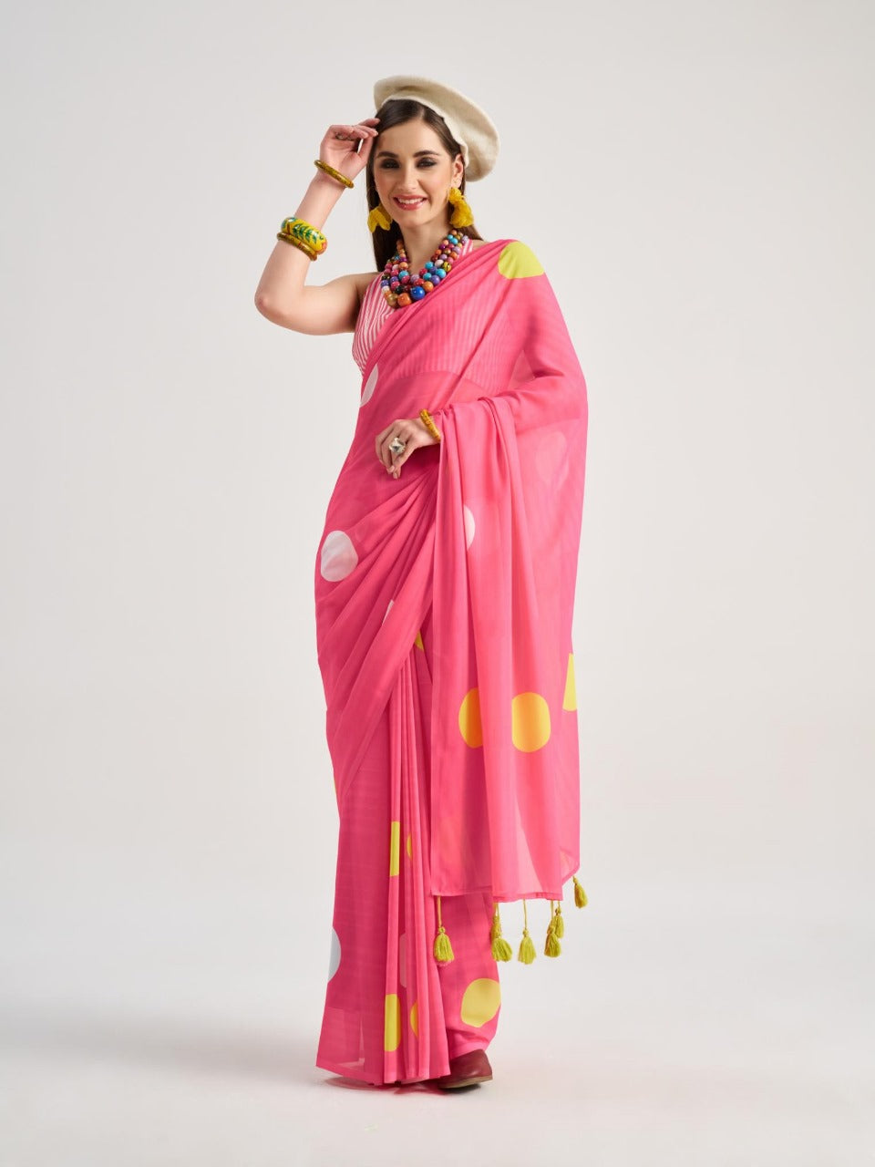 Pink georgette saree with yellow polka dots for summer