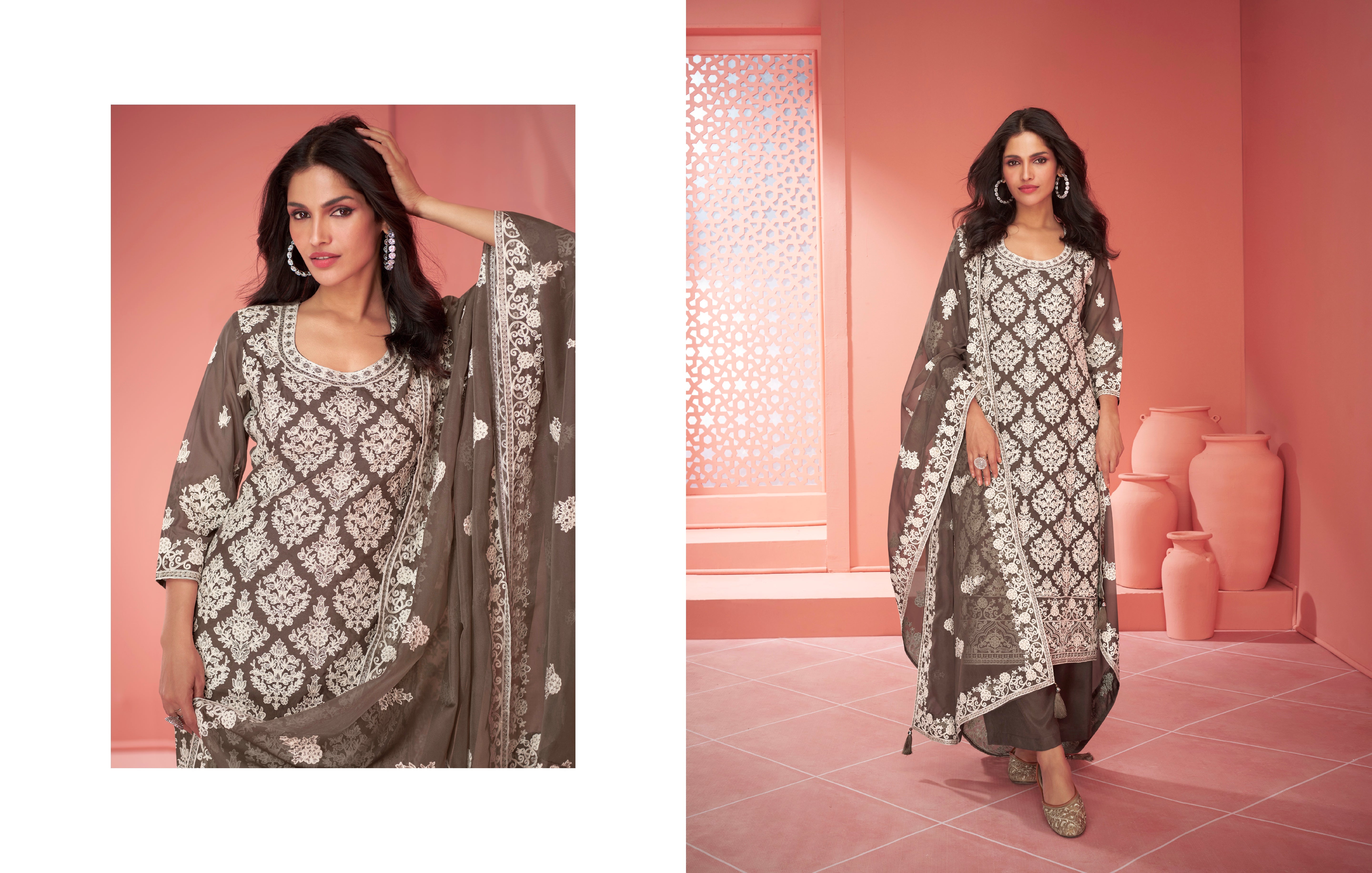 Brown Organza Silk Palazzo Suit with Embroidered Dupatta