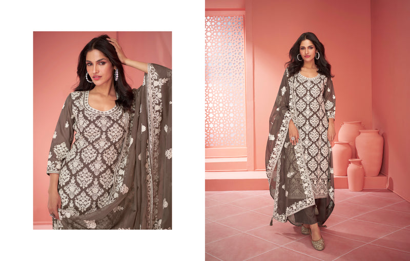 Brown Organza Silk Palazzo Suit with Embroidered Dupatta