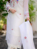 White Georgette Kurti Set with Floral Embroidery & Dupatta