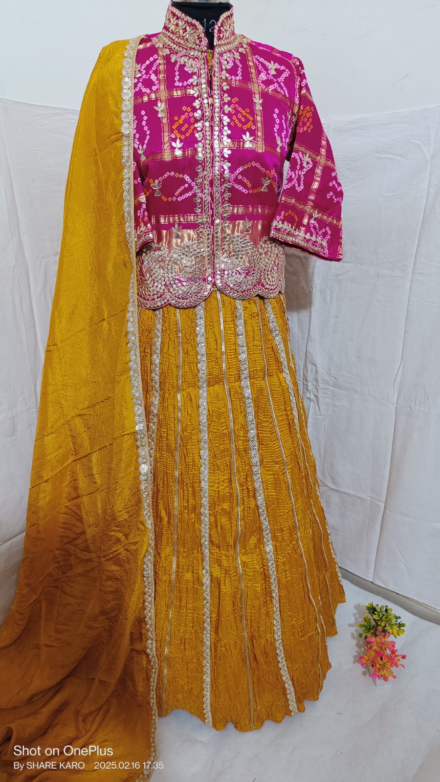 Yellow &amp; Pink Pure Upada Crush Gajji Silk Gharchola Rajsthani Lehenga Choli