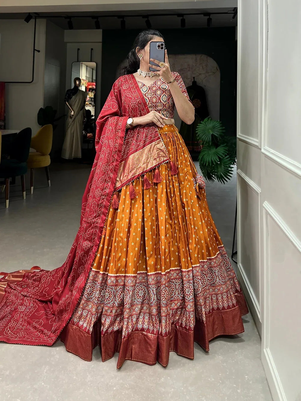 Beautiful Designer Tussar Silk Patola Print Chaniya Choli - Anant Exports