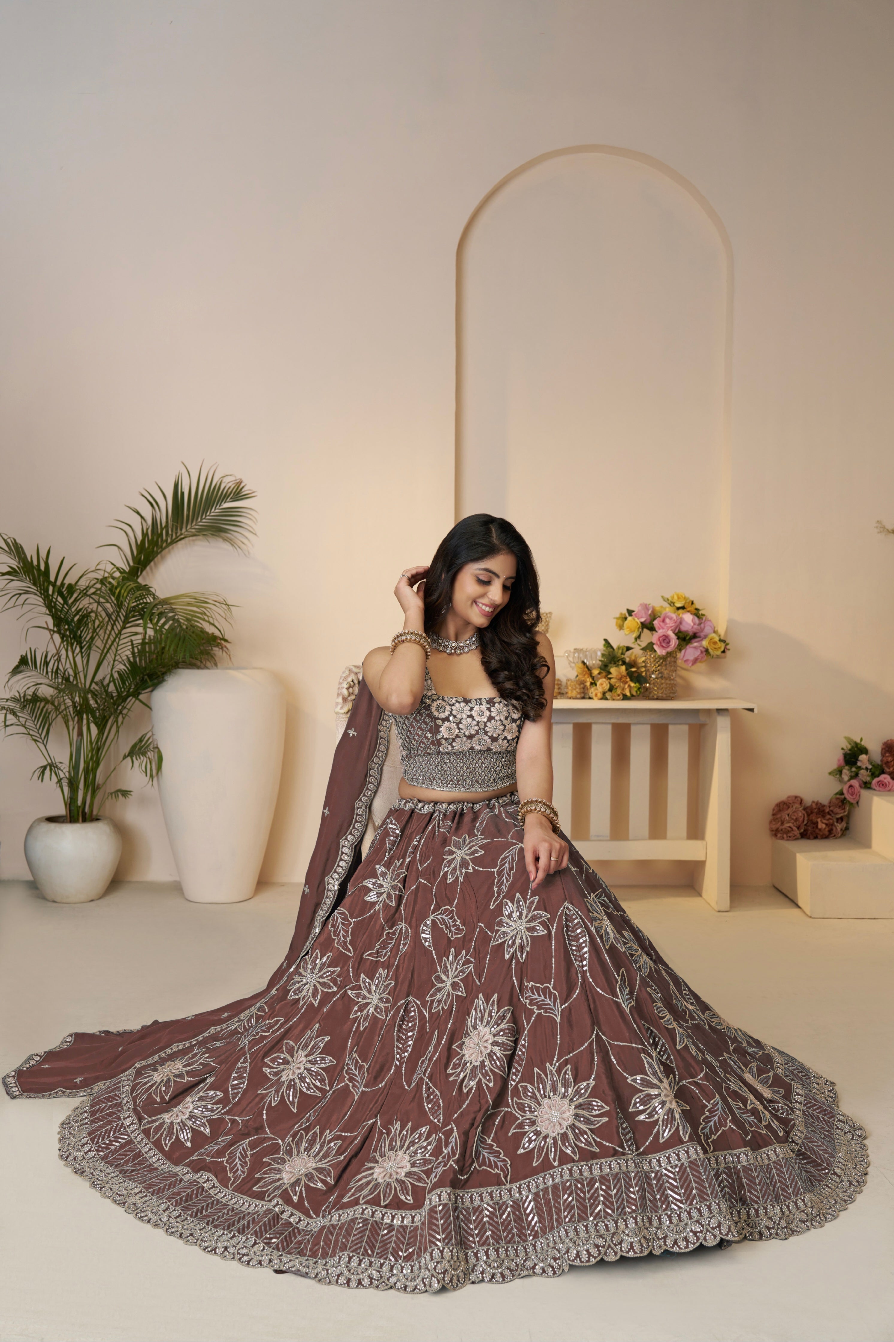 Designer Lehenga for Haldi &amp; Mehendi in Onion Shade

