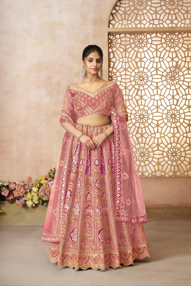 Pink Banarasi silk lehenga with aari work