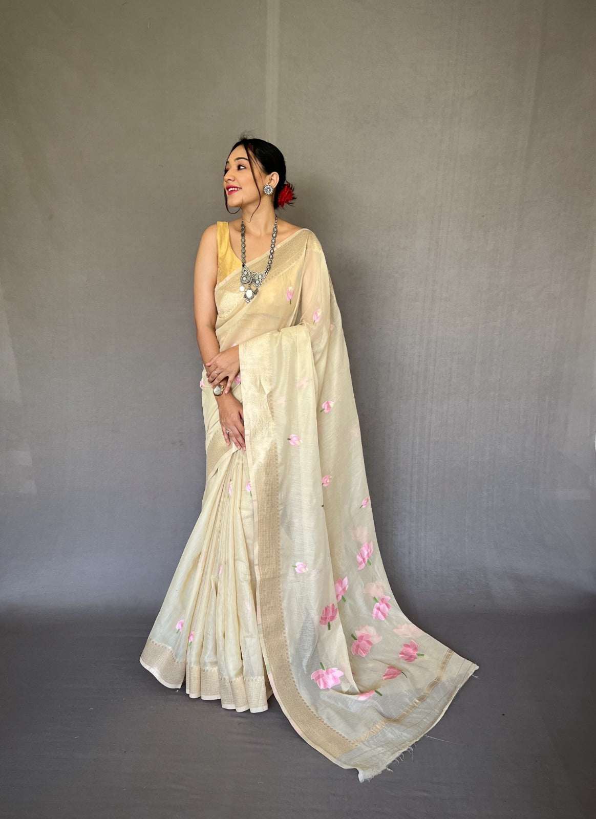 Party Wear Designer Lotus Pure Cotton Linen Saree