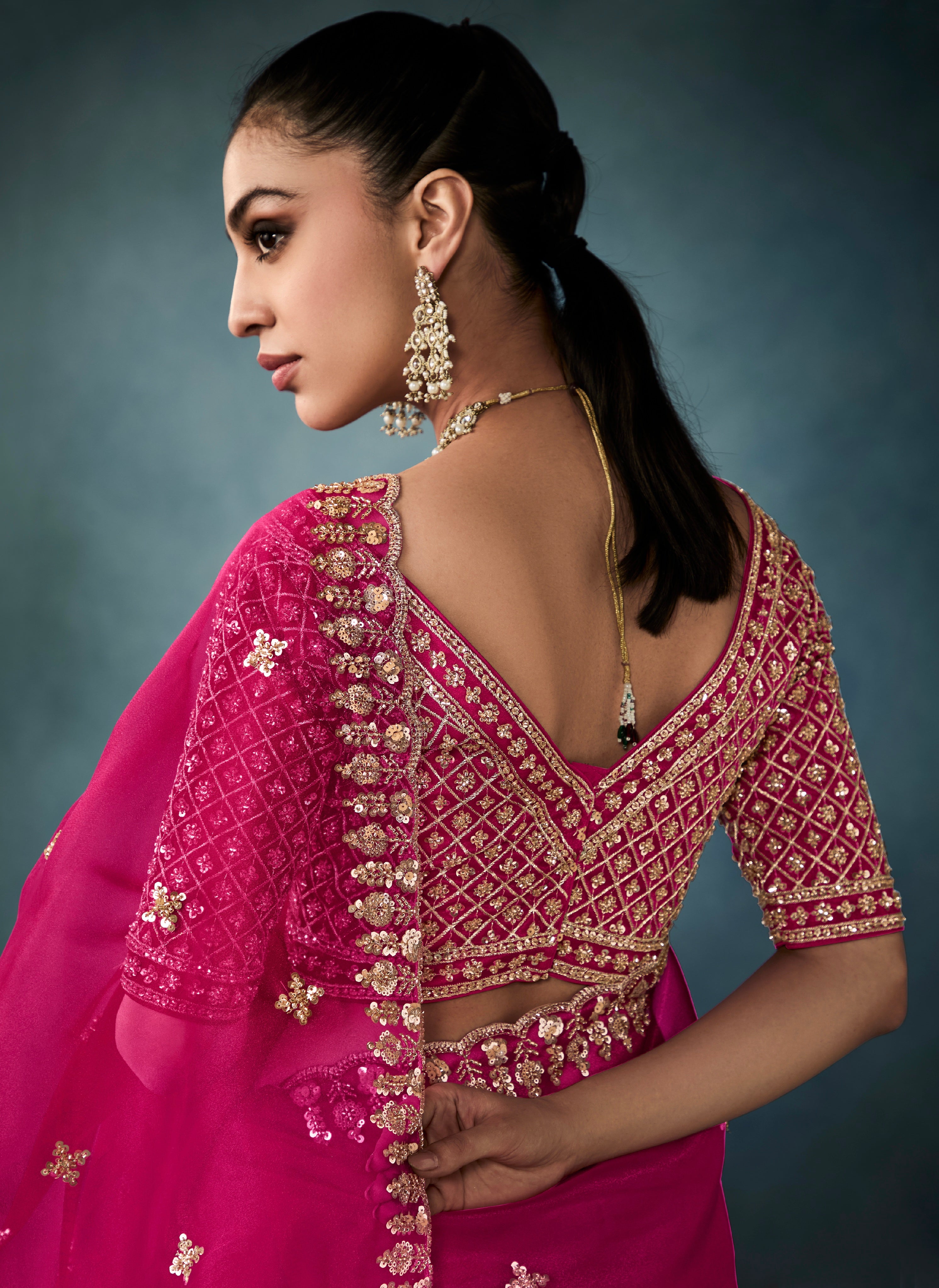 Bridal magenta tissue saree with designer handwork

