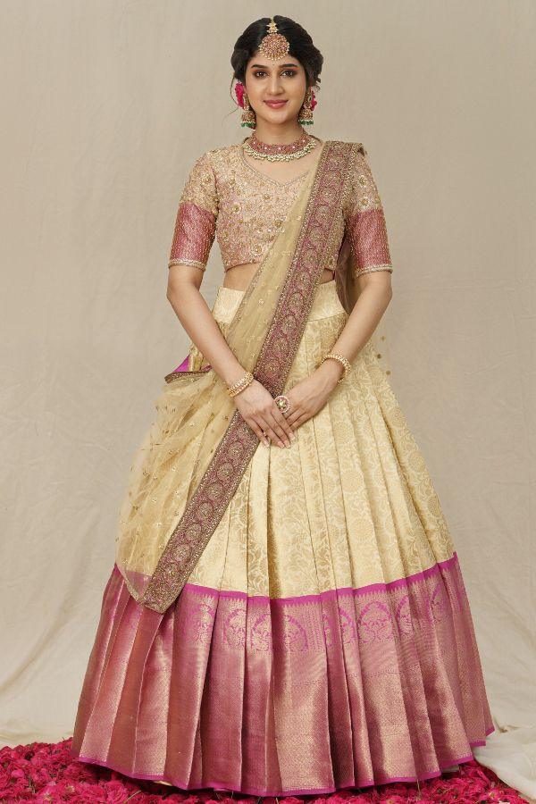 Beautiful Kanjiveram Silk Pure Zari HALF Saree with Blouse Along With Dupptta - Anant Exports