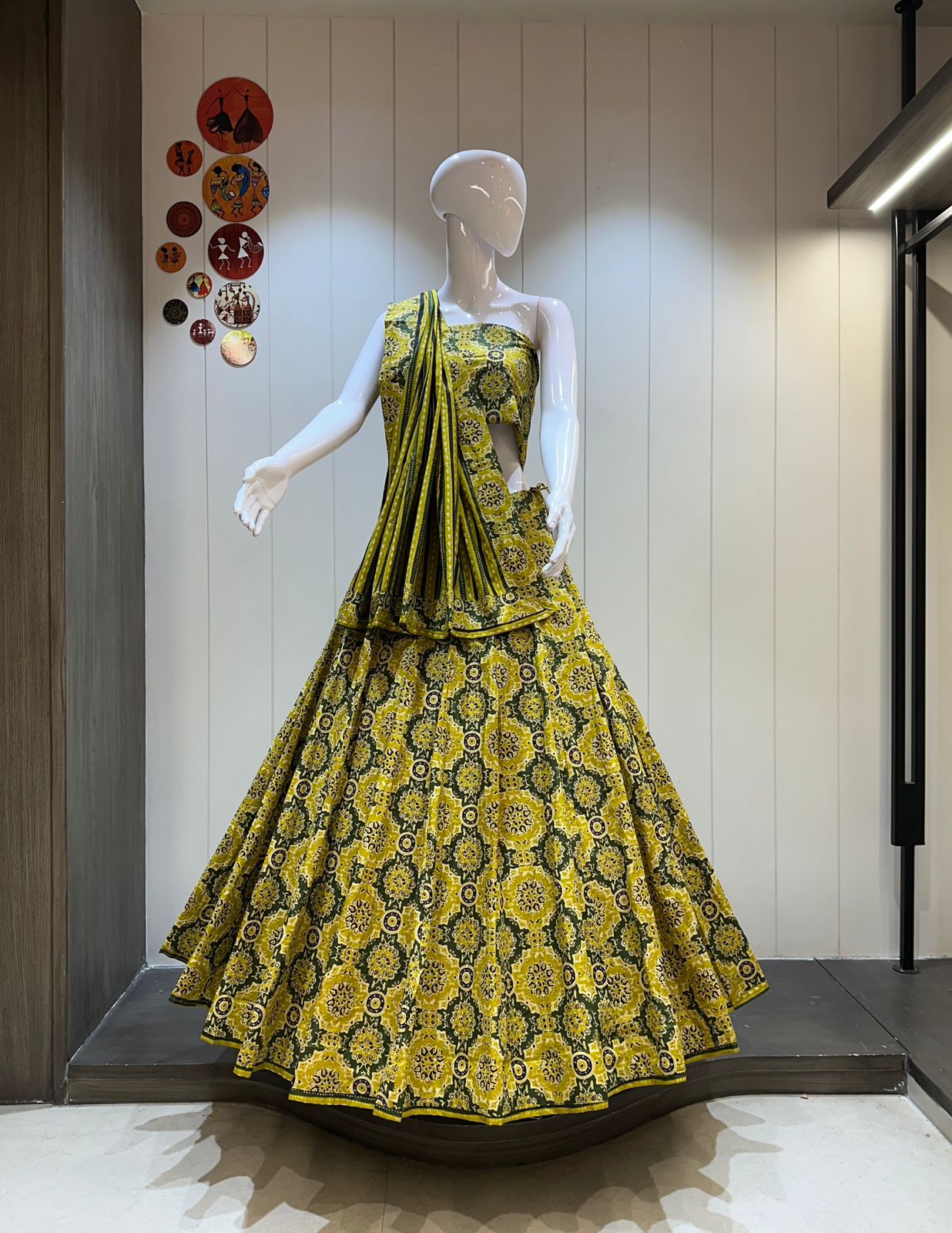 Yellow Ajrakh Print Cotton Chaniya Choli with Dupatta for Navratri Festive Wear