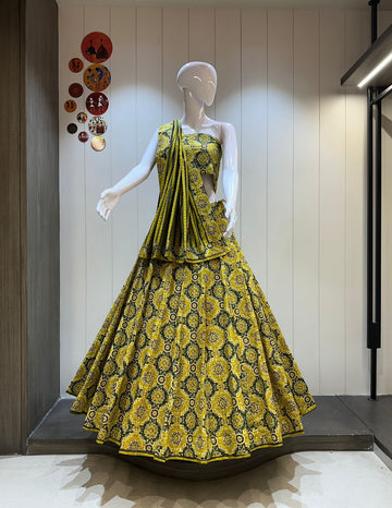 Yellow Ajrakh Print Cotton Chaniya Choli with Dupatta for Navratri Festive Wear