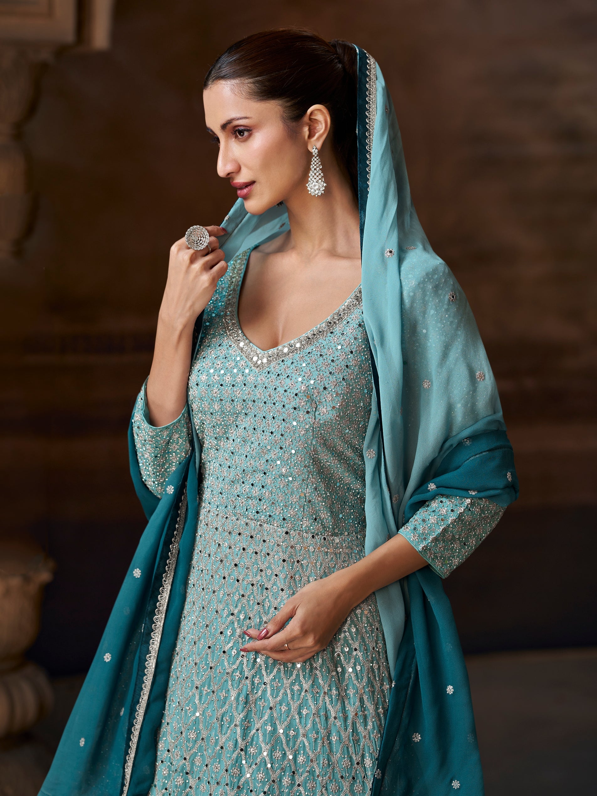 Sky Blue Ombre Heavy Embroidered Anarkali Suit