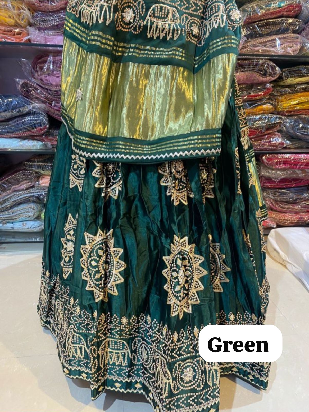 Green Pure Modal Gajji Silk Rajsthani Lehenga Choli ##color## Gharchola Lehenga Choli with premium fabric and embroidery