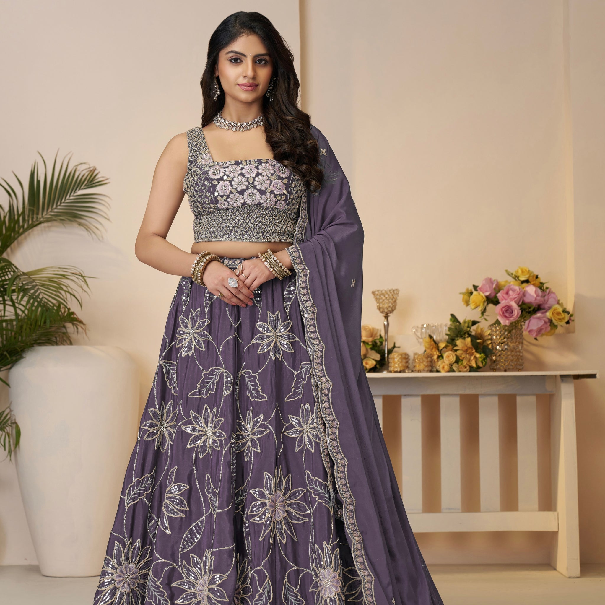 Purple Satin Silk Lehenga Choli Set

