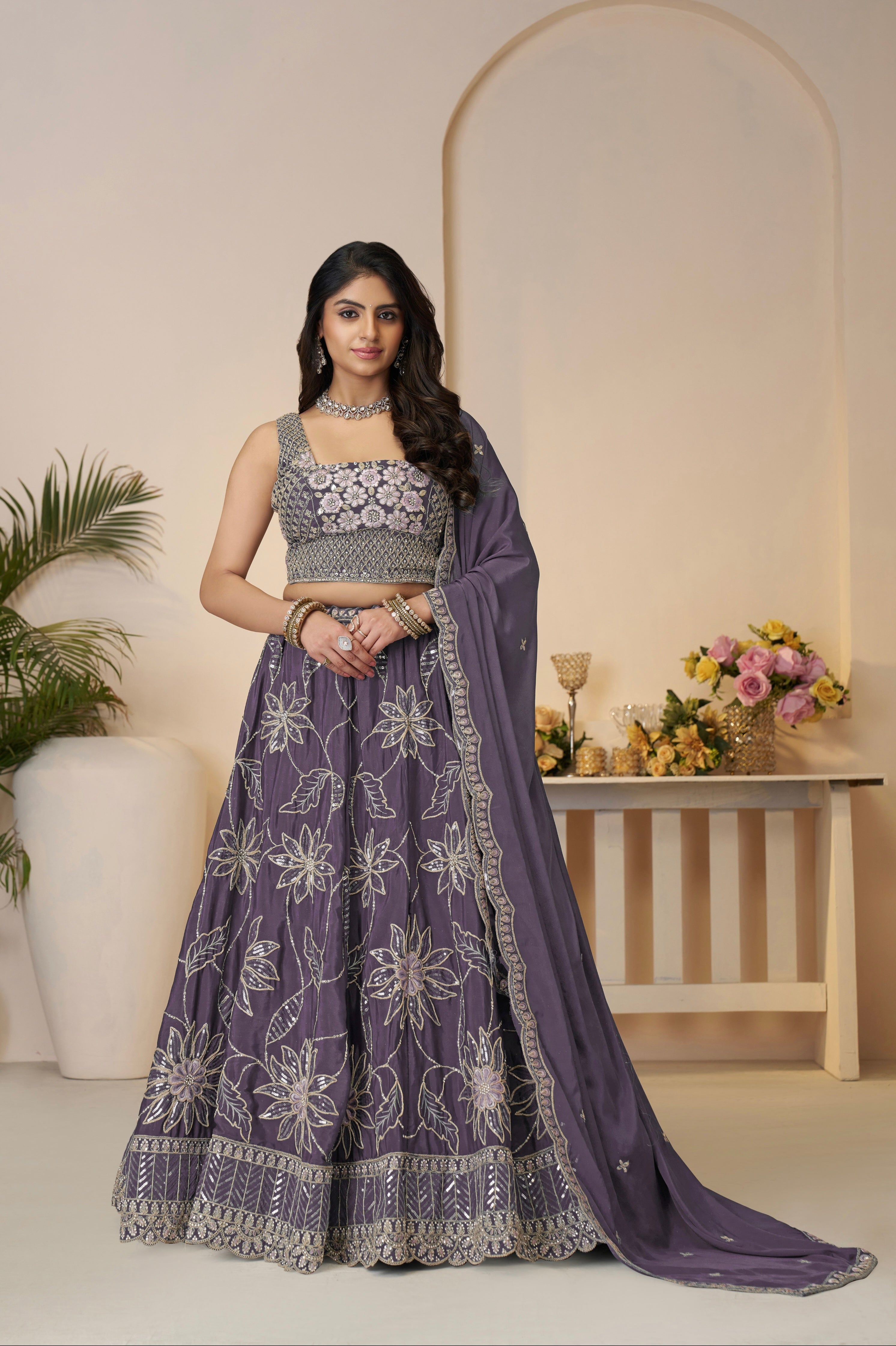 Purple Satin Silk Lehenga Choli Set

