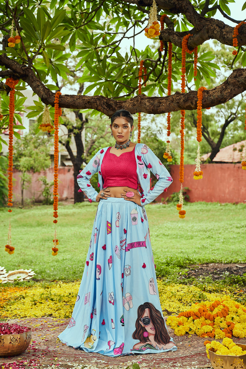 Sky blue cartoon print chaniya choli
