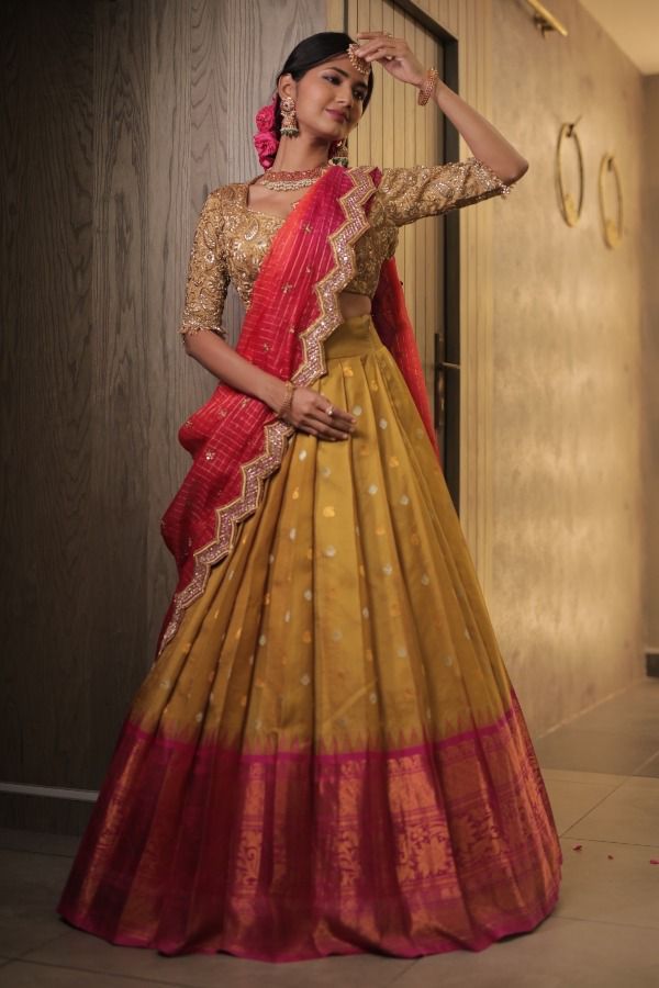 Beautiful Kanjiveram Silk Pure Zari HALF Saree with Blouse Along With Dupptta