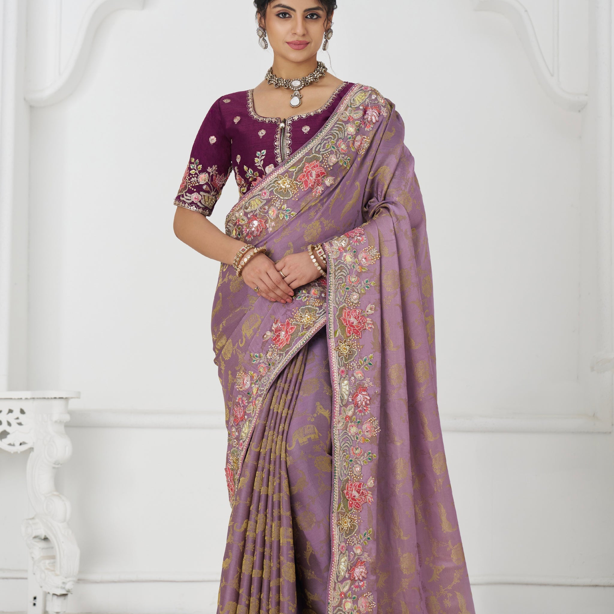 Mauve Dola silk saree with floral embroidery