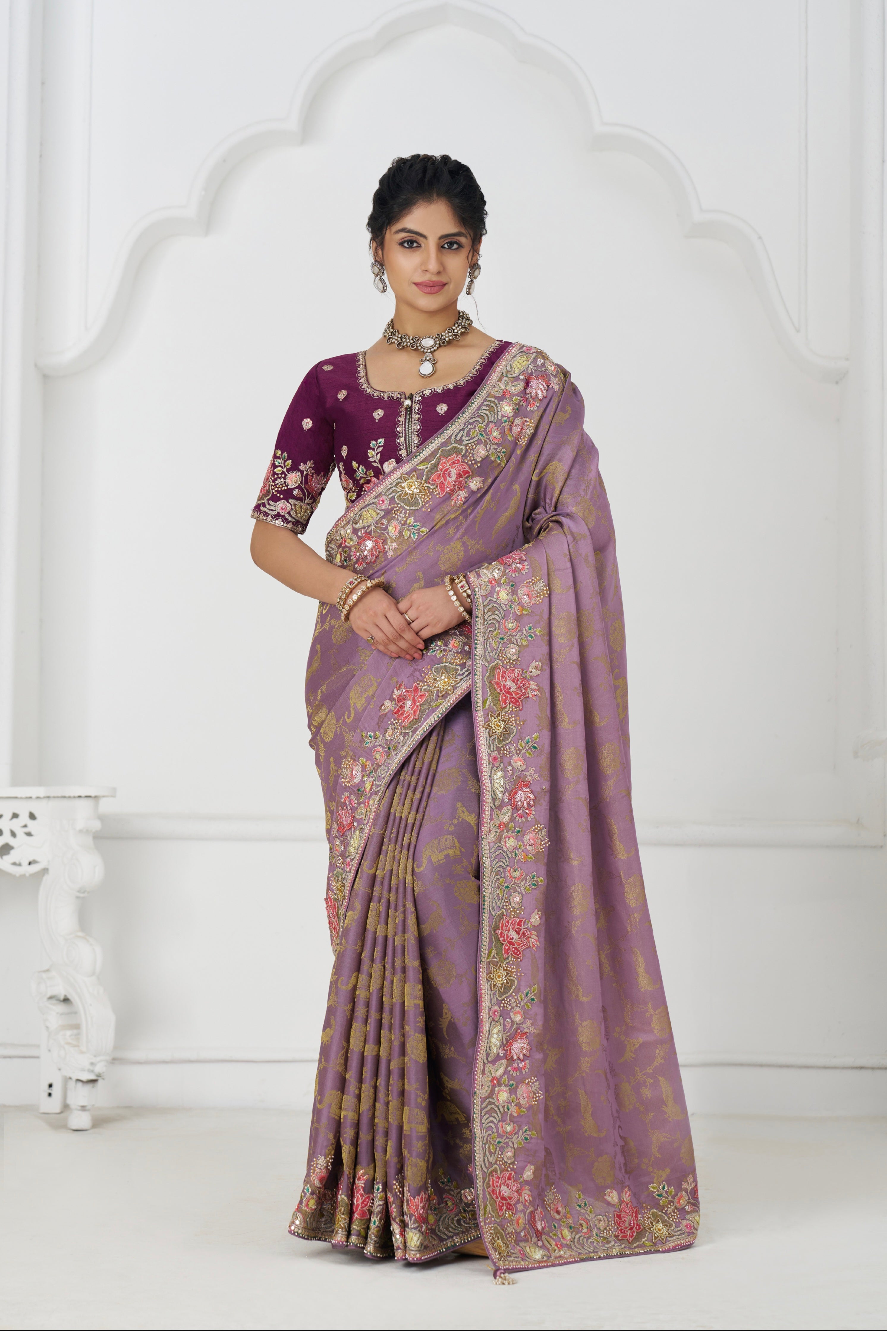Mauve Dola silk saree with floral embroidery