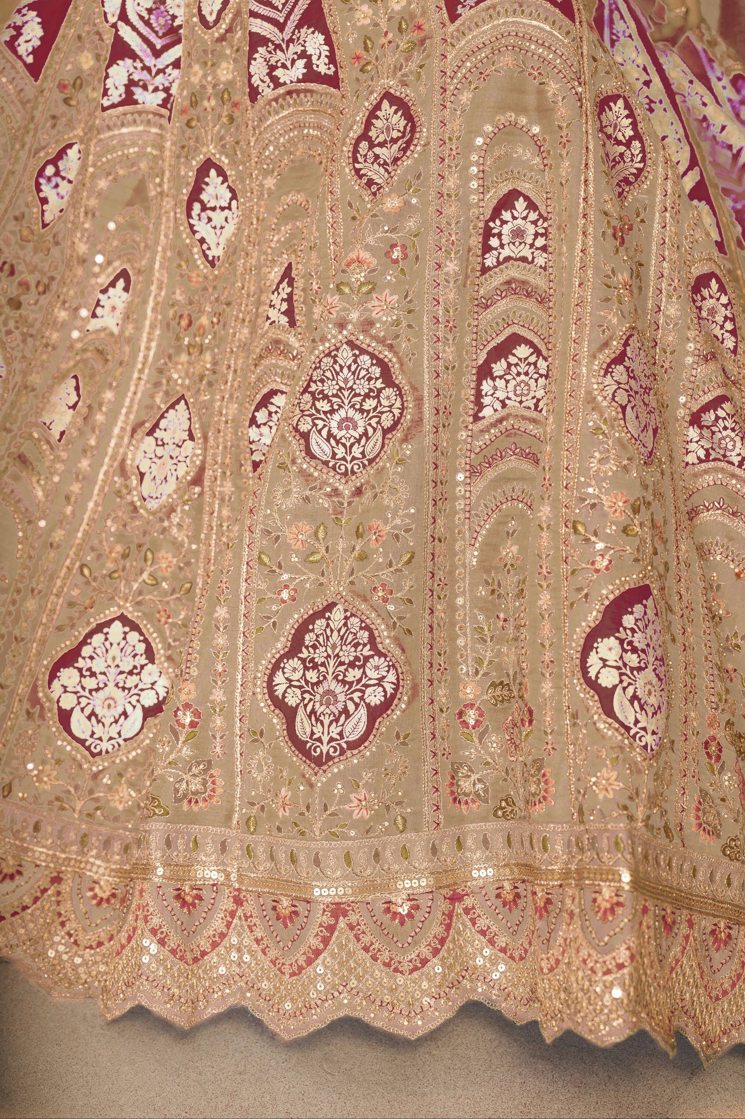 Chiku Banarasi Silk Lehenga with Aari Work &amp; Net Dupatta