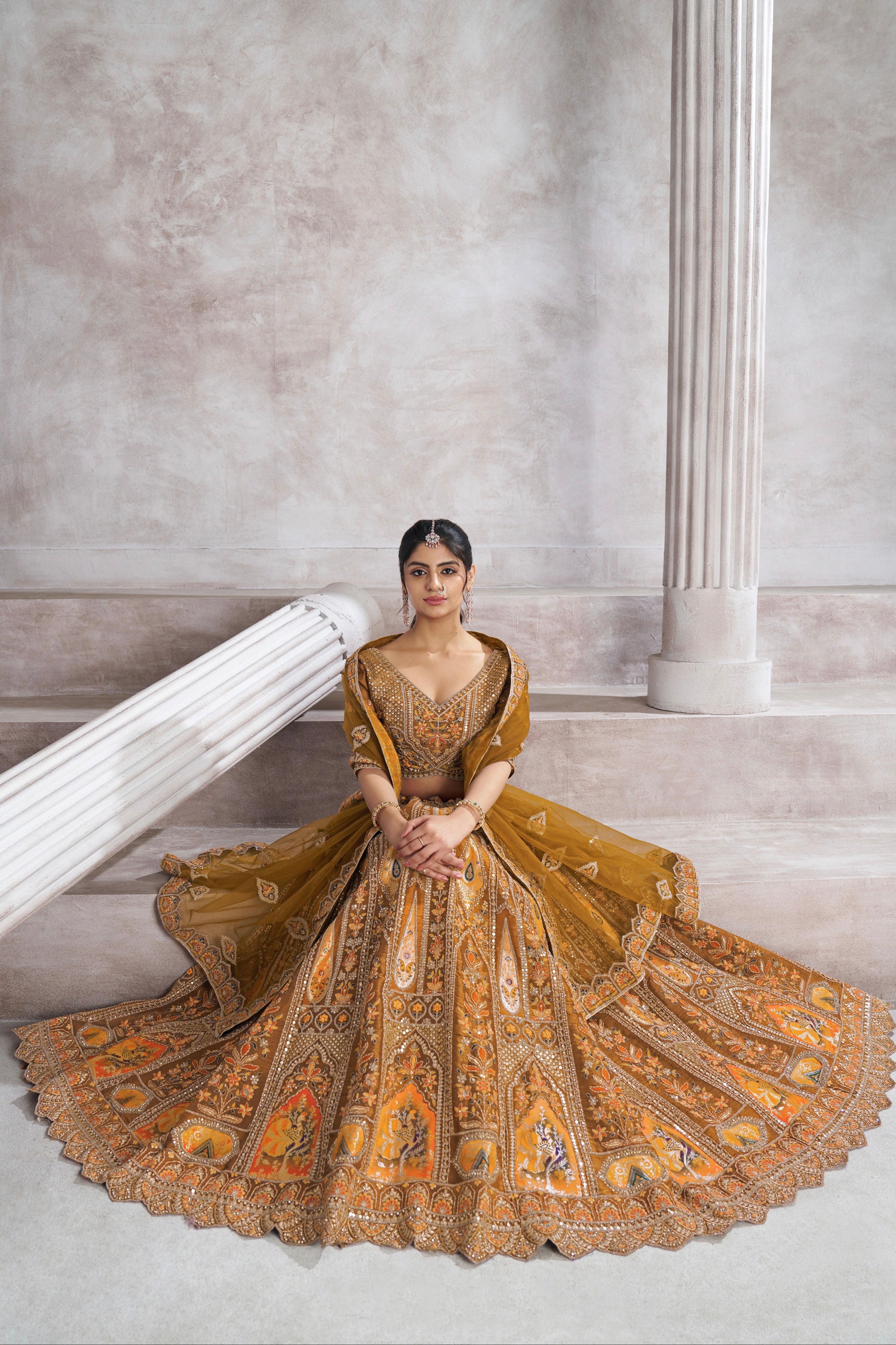 Mustard Banarasi Silk Lehenga with Aari Embroidery