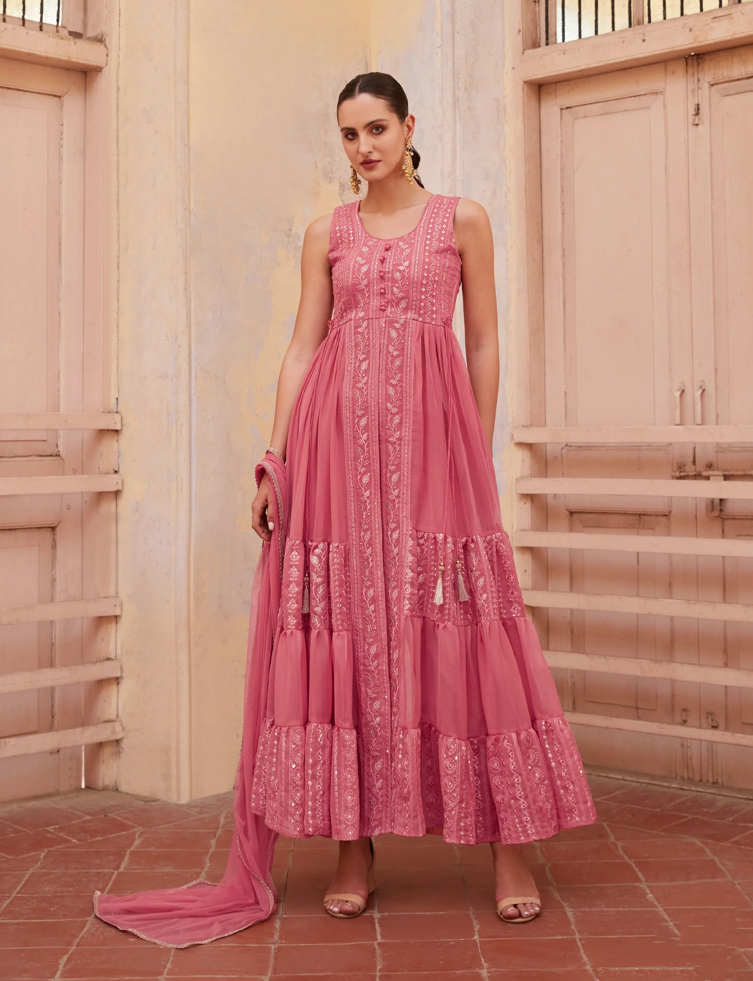 Gajri Anarkali Gown In Georgette With Thread &amp; Zari Embroidery