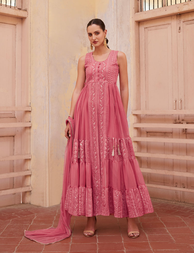 Gajri Anarkali Gown In Georgette With Thread & Zari Embroidery