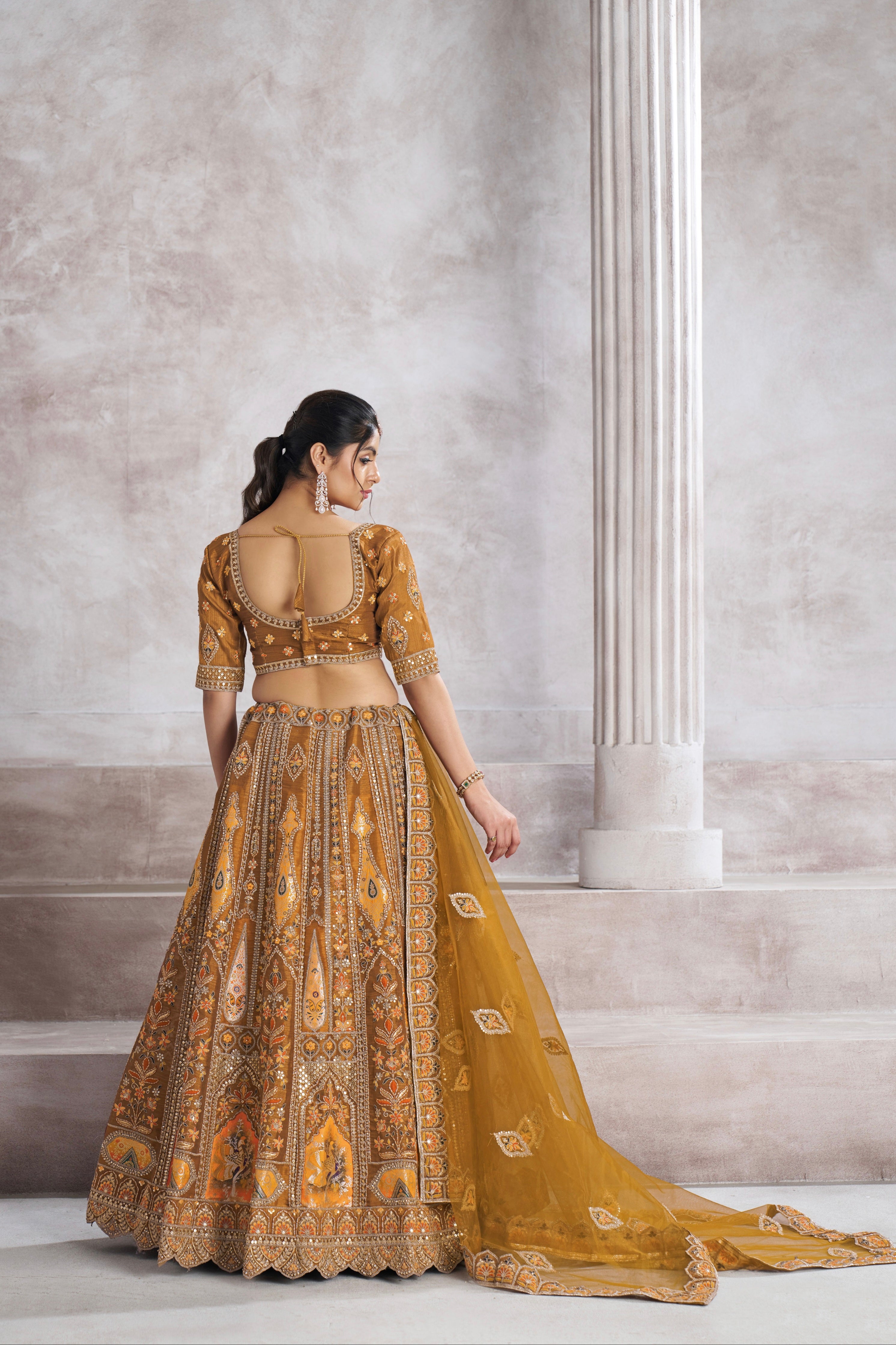 Mustard Banarasi Silk Lehenga with Aari Embroidery
