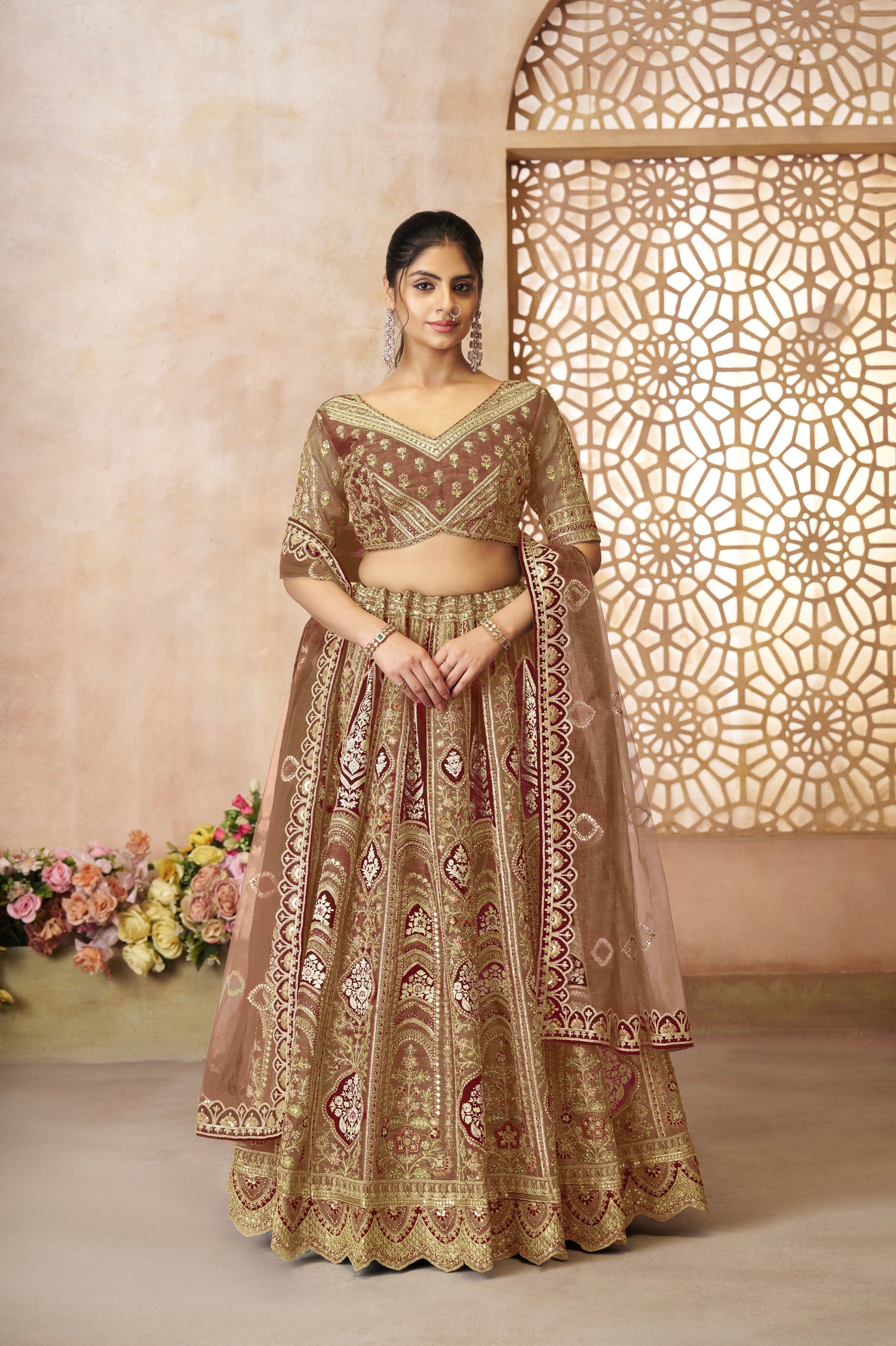 Brown Banarasi Silk Lehenga with Aari Embroidery &amp; Dupatta